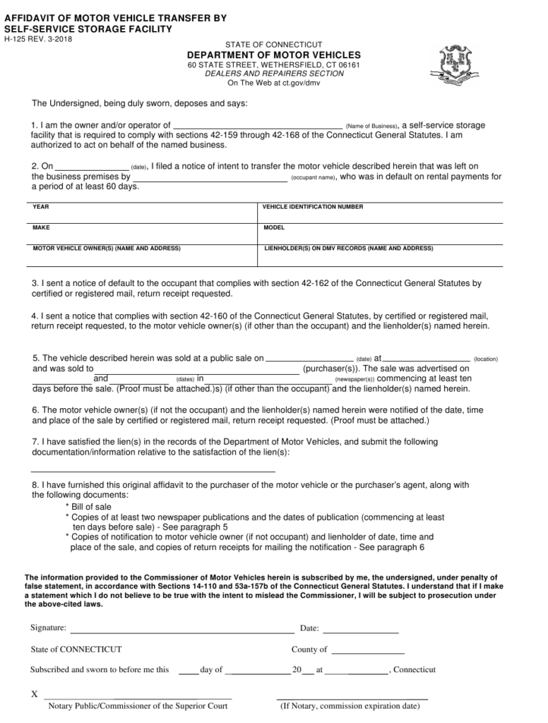 Form H 125 Download Fillable PDF Or Fill Online Affidavit Of Motor