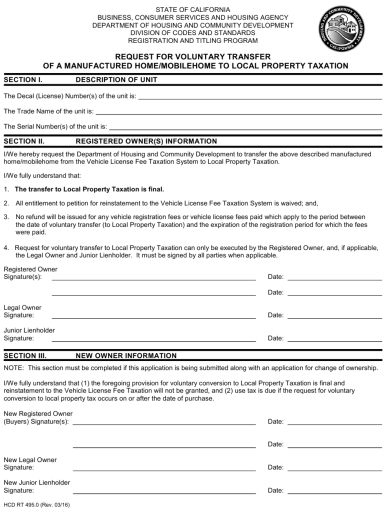 Form HCD RT495 0 Download Fillable PDF Or Fill Online Request For 