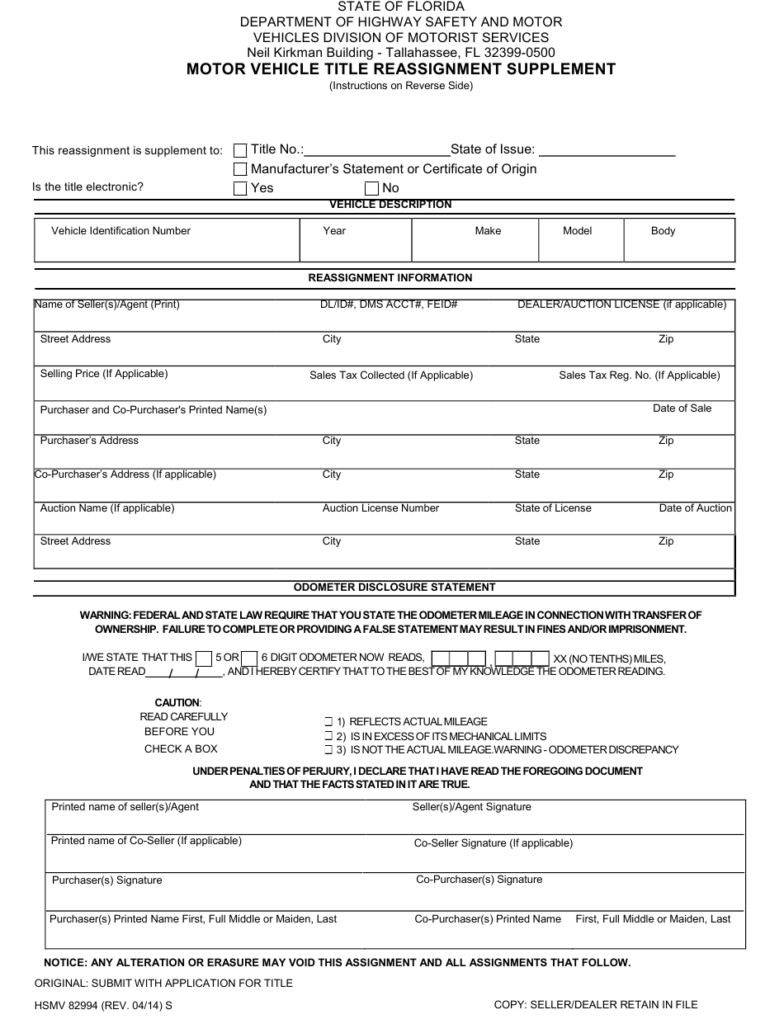 Form HSMV82994 Download Fillable PDF Or Fill Online Motor Vehicle Title 