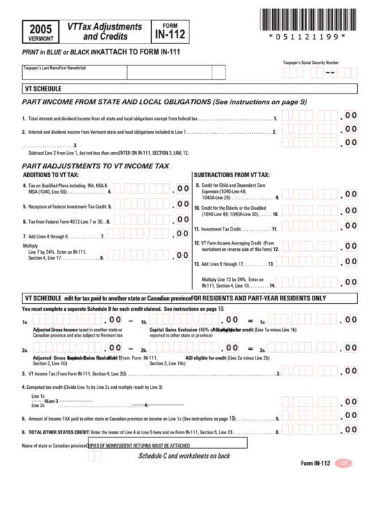 Form In 112 Vt Tax Adjustments And Credits 2005 Printable Pdf Download