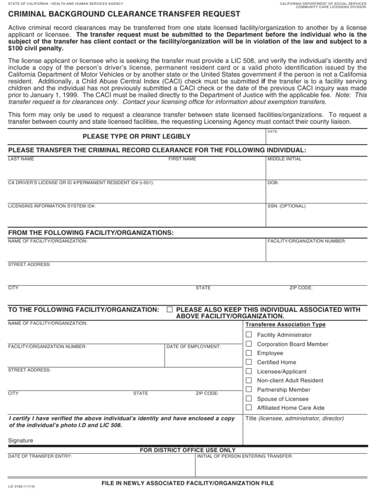 Form LIC9182 Download Fillable PDF Or Fill Online Criminal Background 
