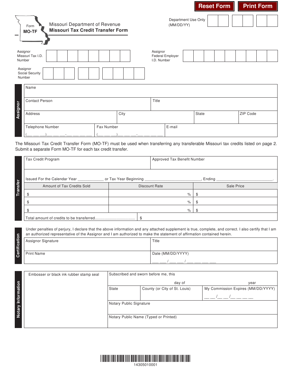 Form MO TF Download Fillable PDF Or Fill Online Missouri Tax Credit 