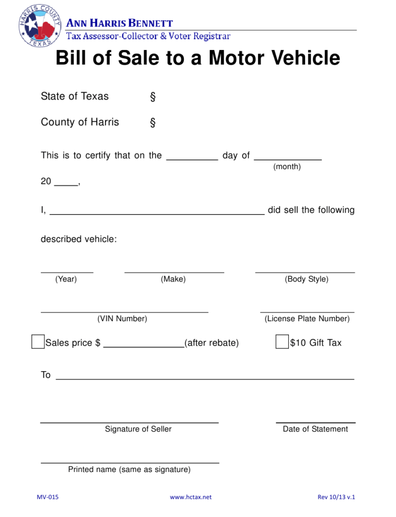 Form MV 015 Download Fillable PDF Or Fill Online Bill Of Sale To A 