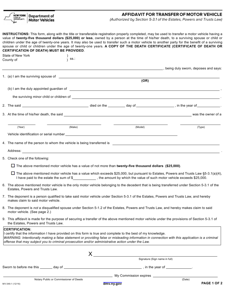 Form MV 349 1 Download Fillable PDF Or Fill Online Affidavit For