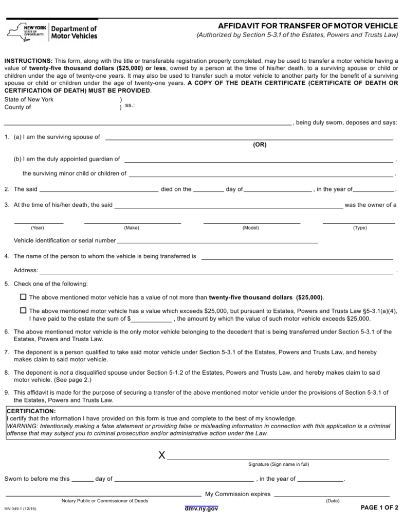 Form MV 349 1 Download Fillable PDF Or Fill Online Affidavit For 