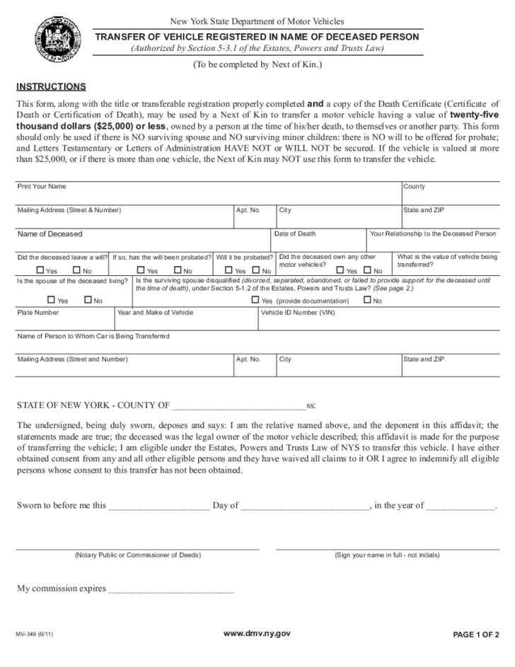 Form MV 349 Transfer Of Vehicle Registered In Name Of Deceased Person 