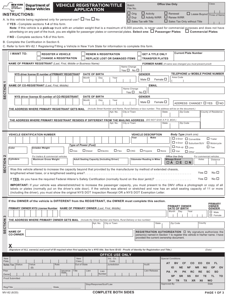 Form MV 82 Download Fillable PDF Or Fill Online Vehicle Registration 