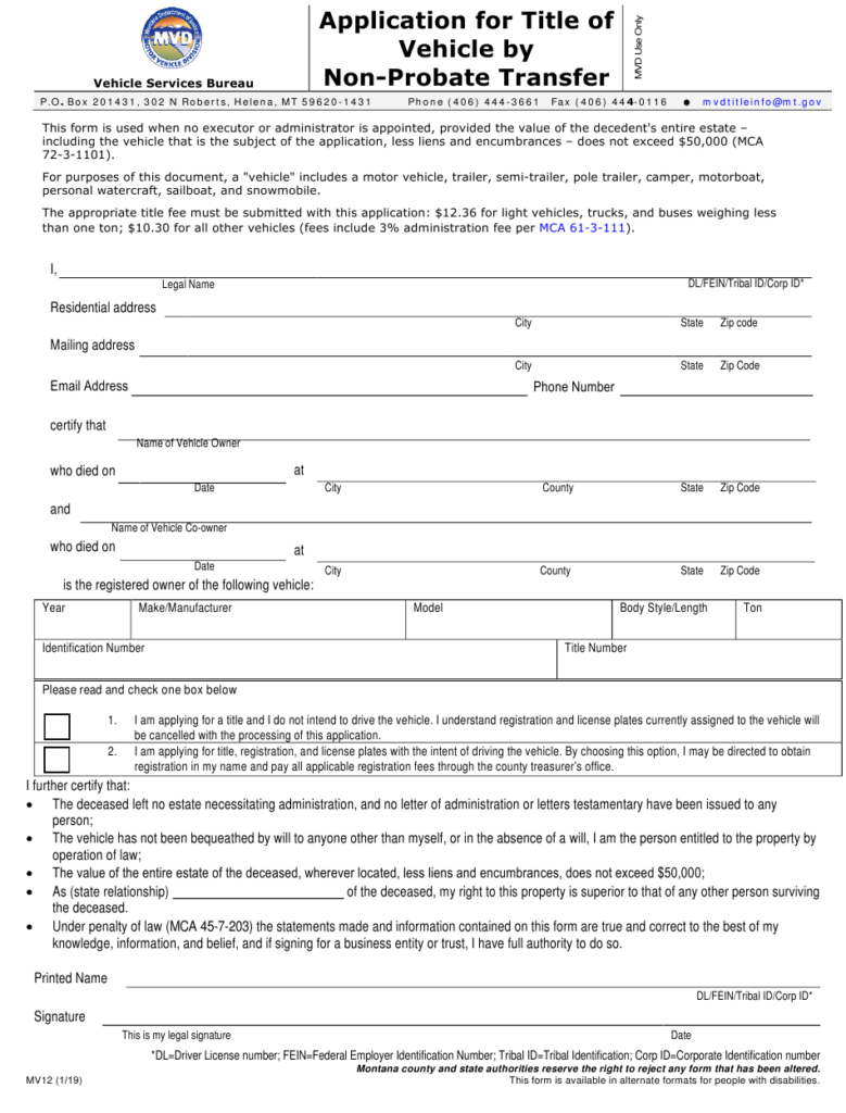Form MV12 Download Fillable PDF Or Fill Online Application For Title Of 