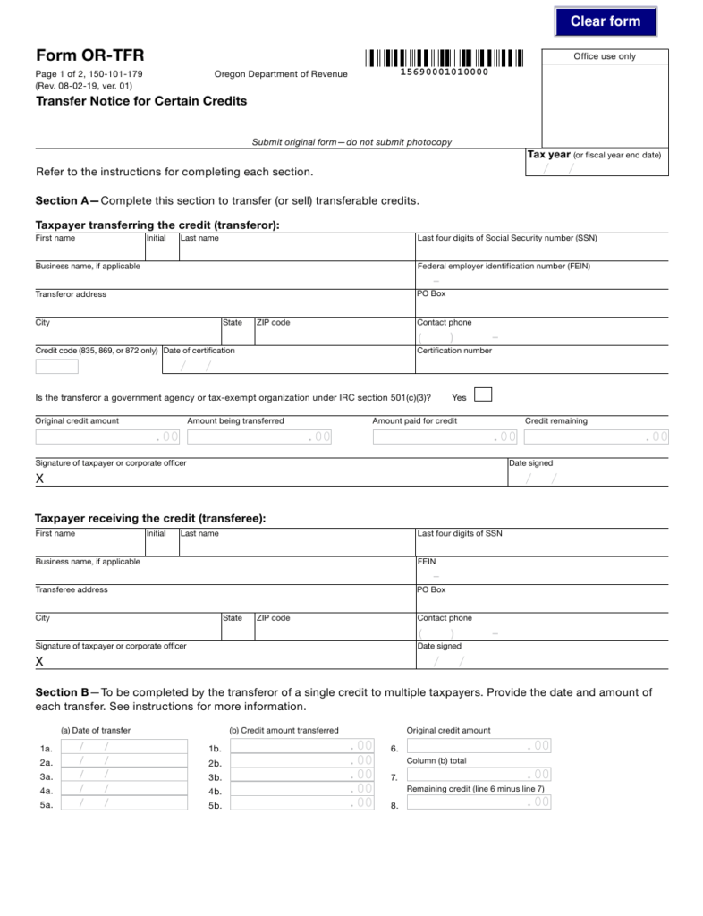 Form OR TFR 150 101 179 Download Fillable PDF Or Fill Online Transfer 