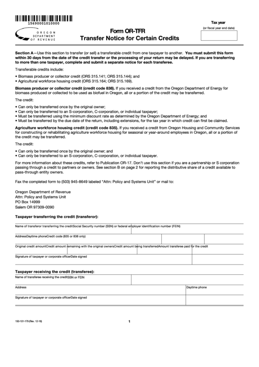 Form Or Tfr Transfer Notice For Certain Credits Printable Pdf Download