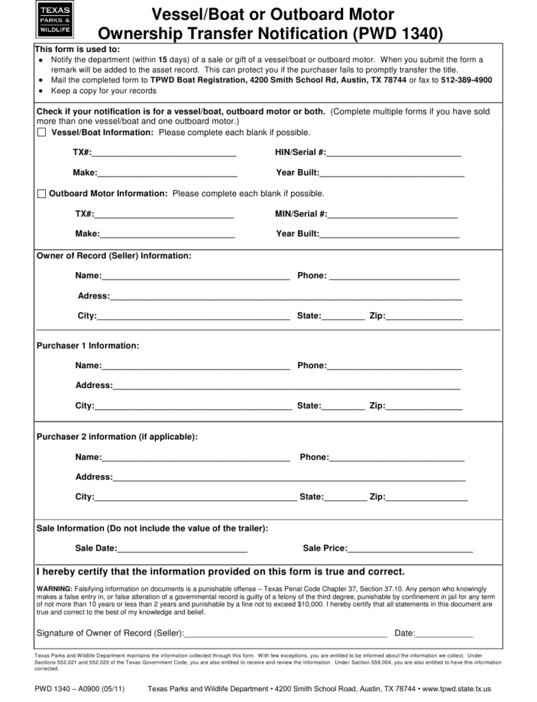 Form PWD1340 Download Fillable PDF Or Fill Online Vessel Boat Or 