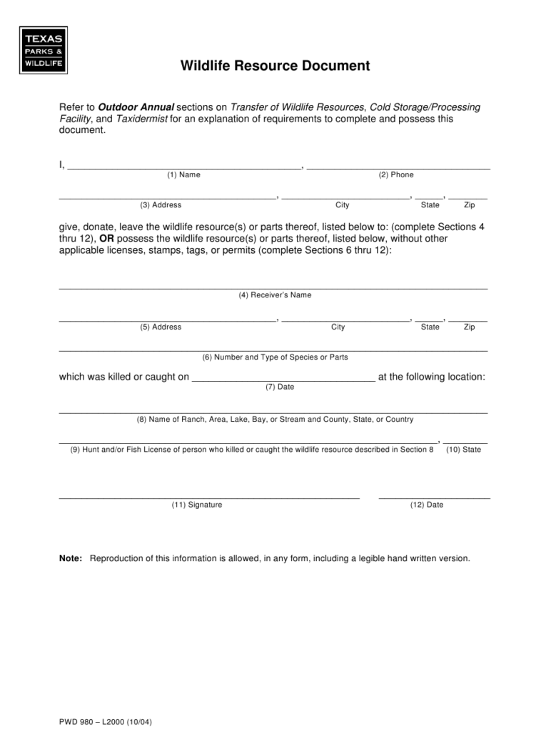 Form PWD980 Download Fillable PDF Or Fill Online Wildlife Resource 