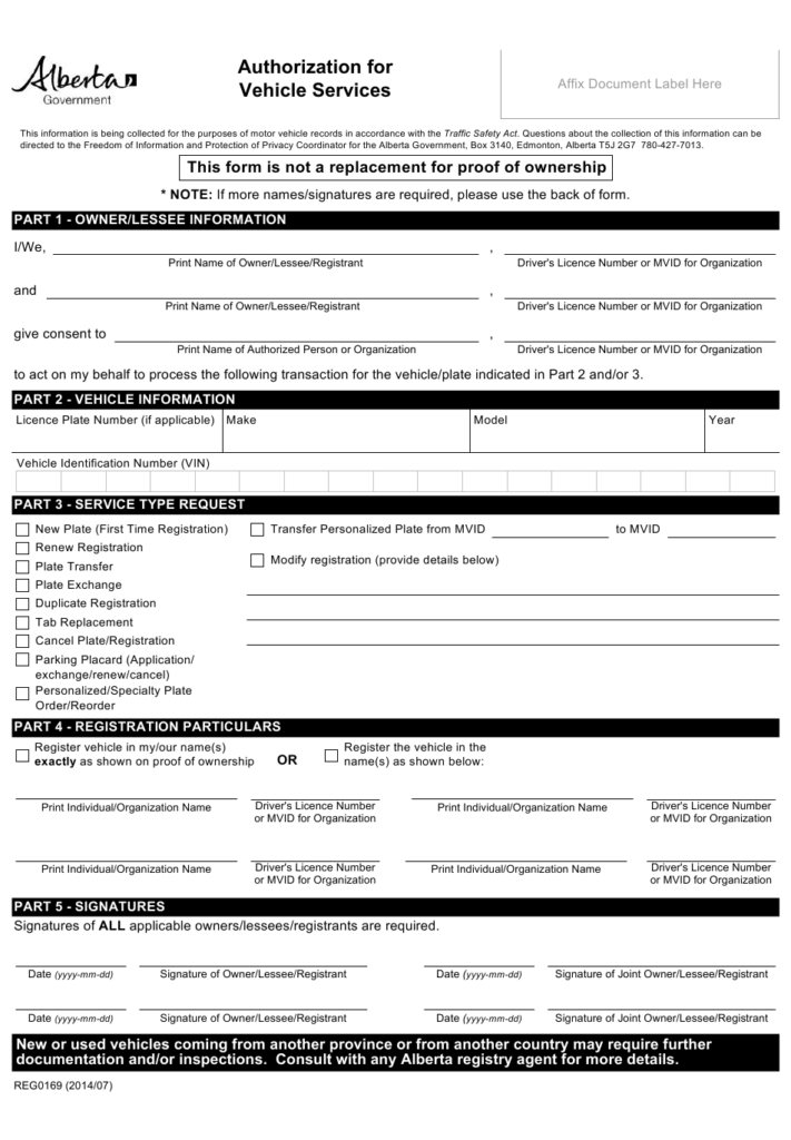 Form REG0169 Download Fillable PDF Or Fill Online Authorization For