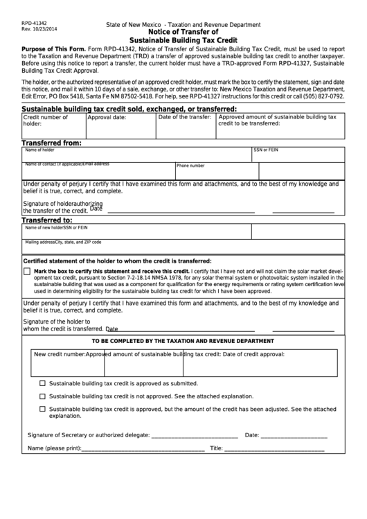 Form Rpd 41342 New Mexico Notice Of Transfer Of Sustainable Building