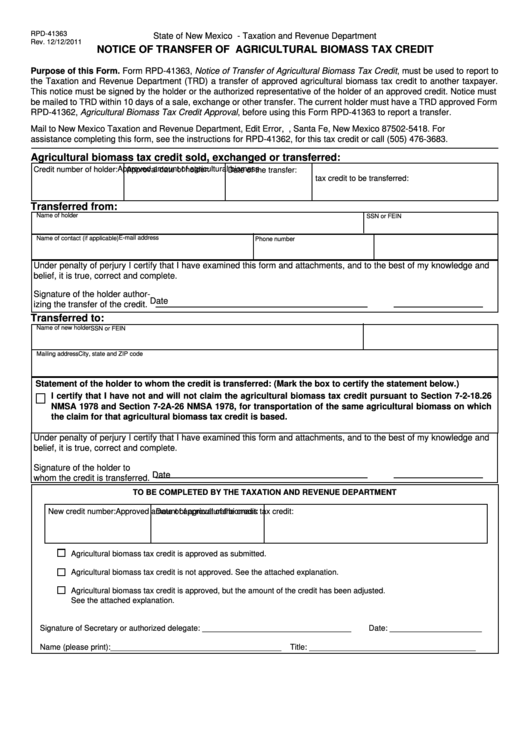 Form Rpd 41363 Notice Of Transfer Of agricultural Biomass Tax Credit 