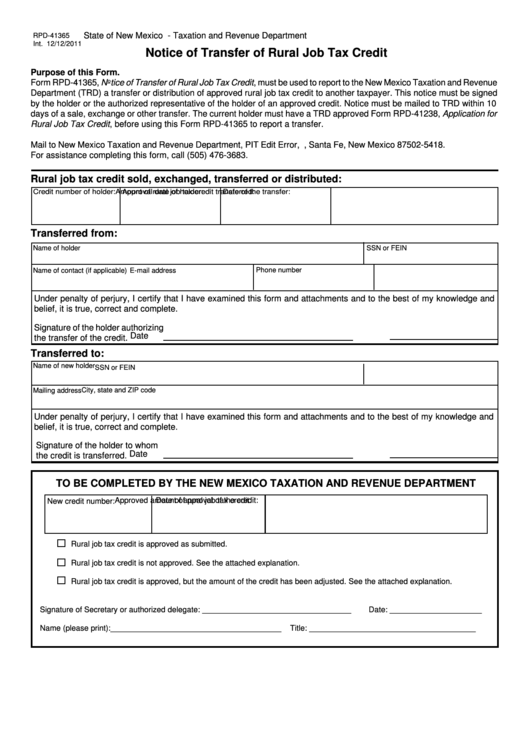 Form Rpd 41365 Notice Of Transfer Of Rural Job Tax Credit State Of