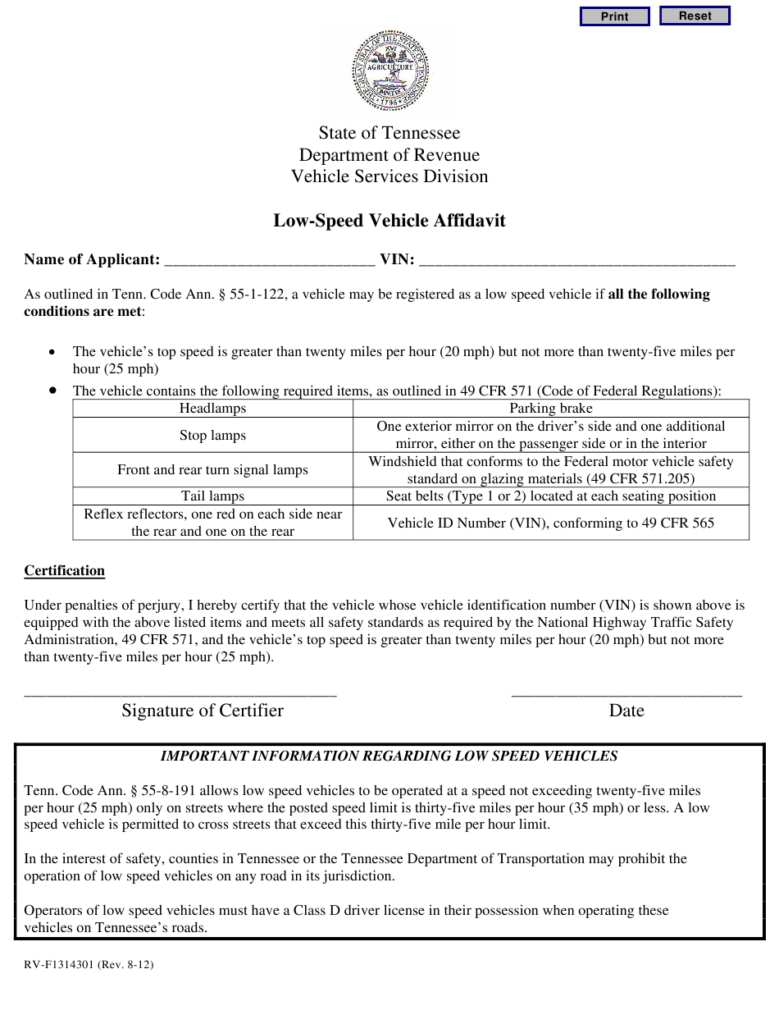 Form RV F1314301 Download Fillable PDF Or Fill Online Low Speed Vehicle 