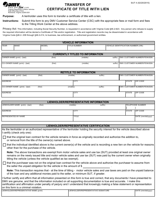 Form SUT4 Download Fillable PDF Or Fill Online Transfer Of Certificate 