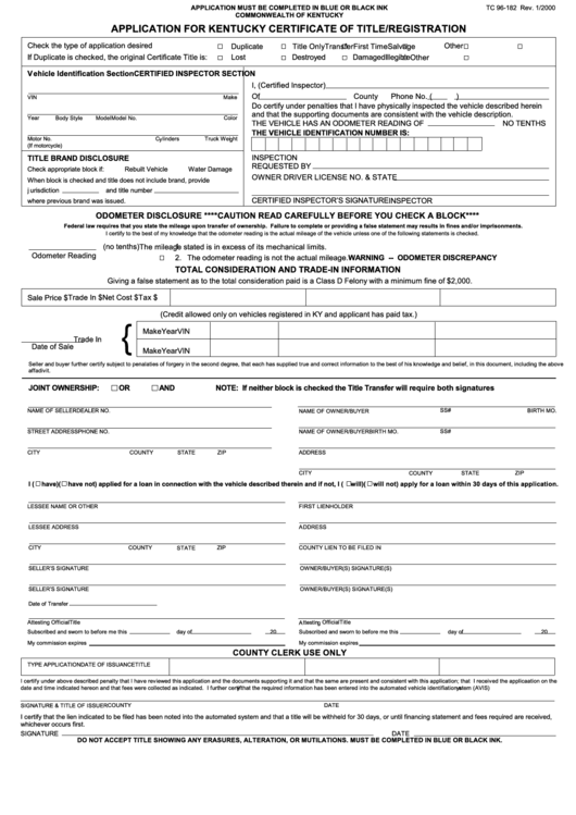 Form Tc 96 182 Application For Kentucky Certificate Of Title