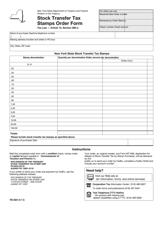 Form Td 624 Stock Transfer Tax Stamps Order Form Printable Pdf Download