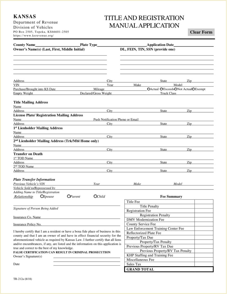 Form TR 312 Kansas Vehicle Bill Of Sale Template