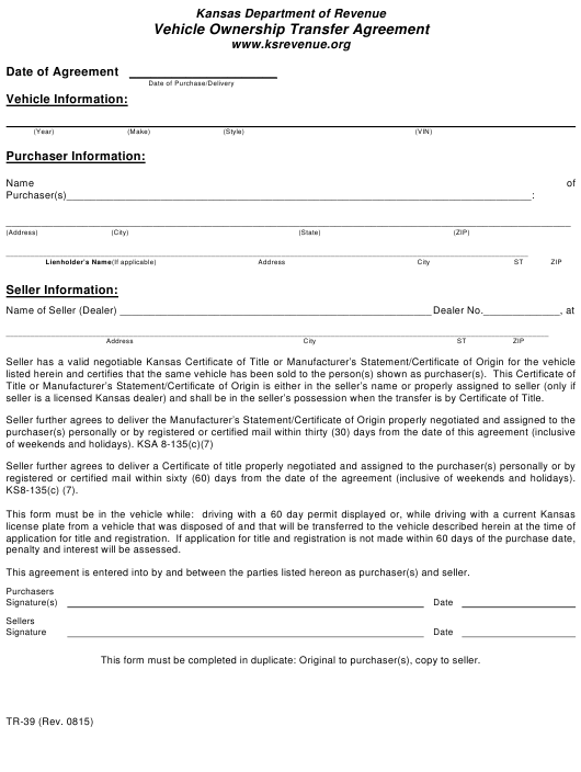 Form TR 39 Download Fillable PDF Or Fill Online Vehicle Ownership 