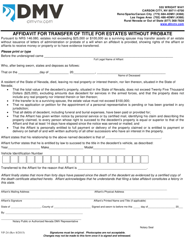 Form VP 24 Download Fillable PDF Or Fill Online Affidavit For Transfer 