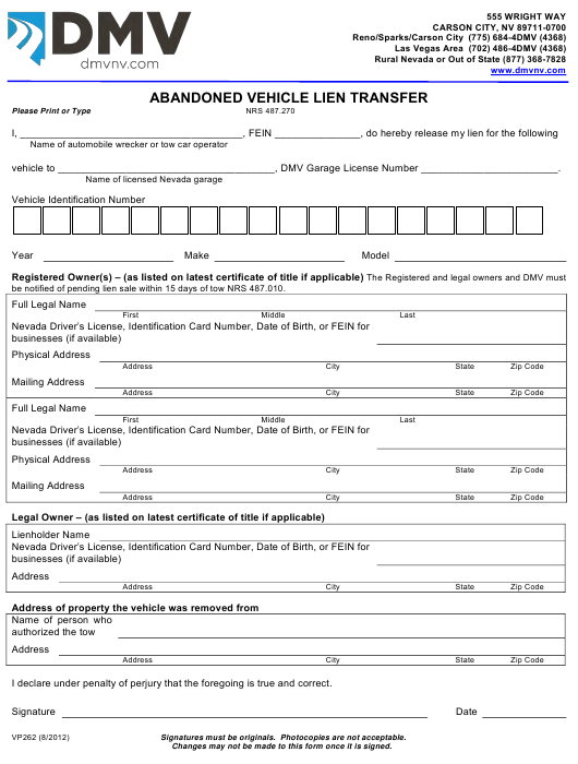 Form VP262 Download Fillable PDF Or Fill Online Abandoned Vehicle Lien 