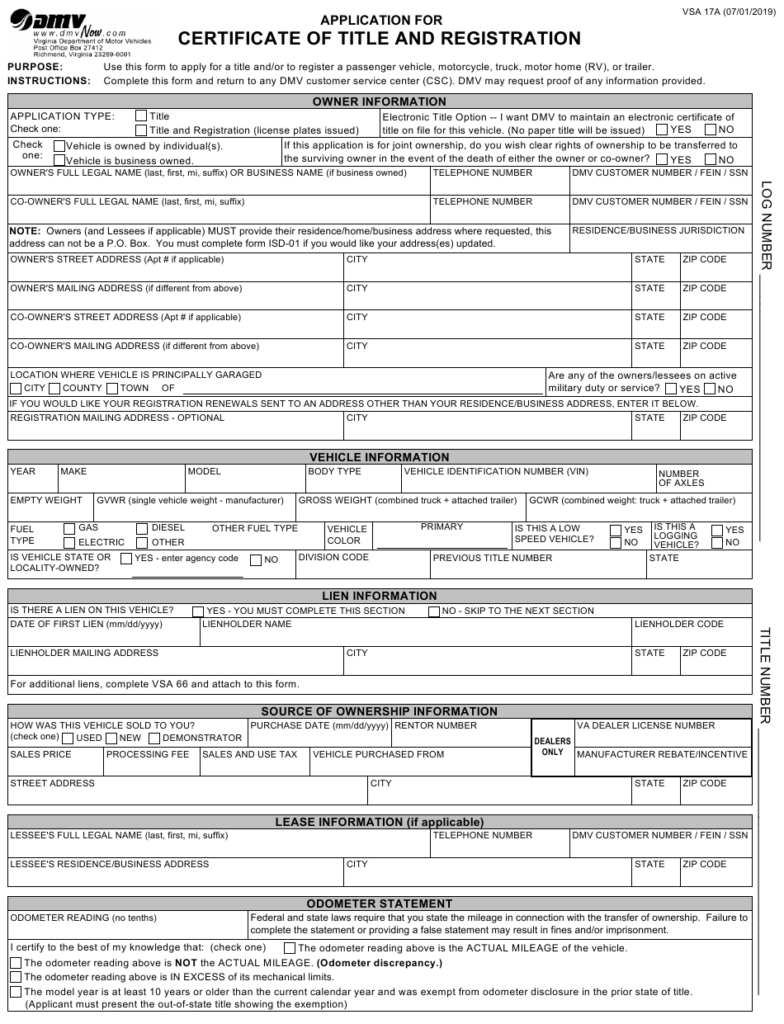 Form VSA17A Download Fillable PDF Or Fill Online Application For 