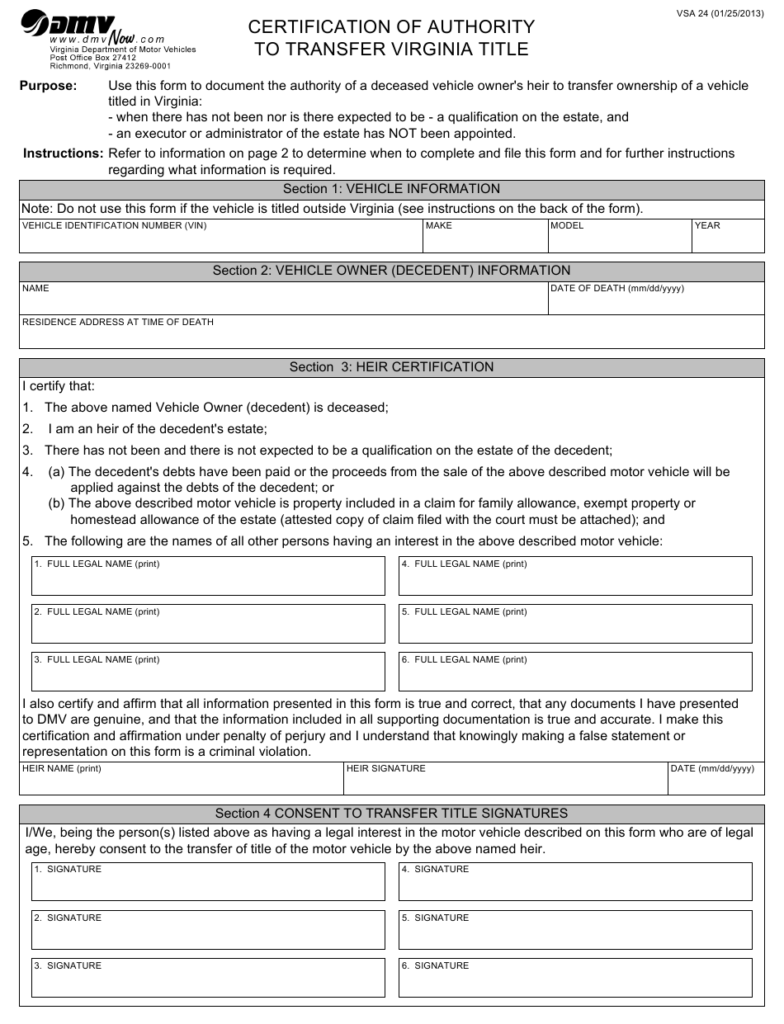 Form VSA24 Download Fillable PDF Or Fill Online Certification Of 