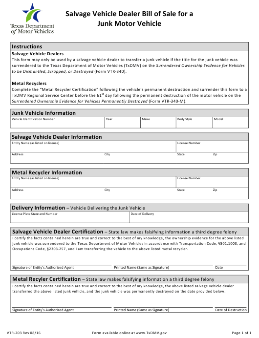 Form VTR 203 Download Fillable PDF Or Fill Online Salvage Vehicle 