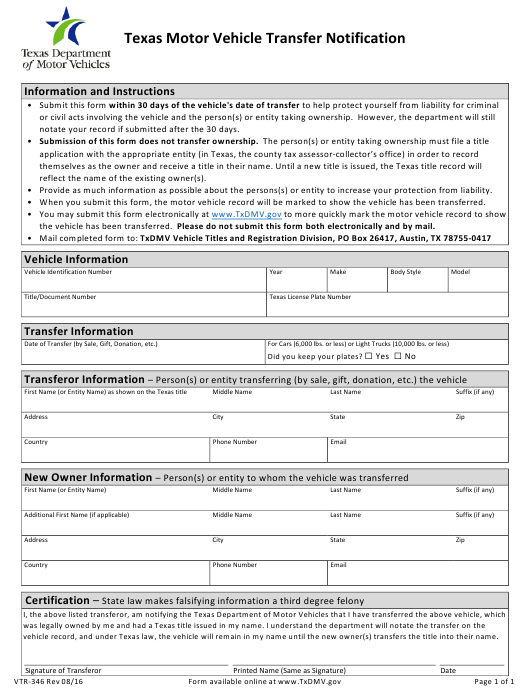 Form VTR 346 Download Fillable PDF Or Fill Online Texas Motor Vehicle 