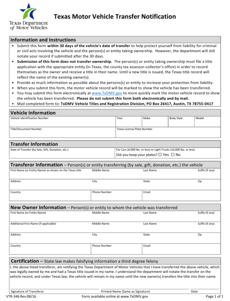 Form VTR 346 Download Fillable PDF Or Fill Online Texas Motor Vehicle