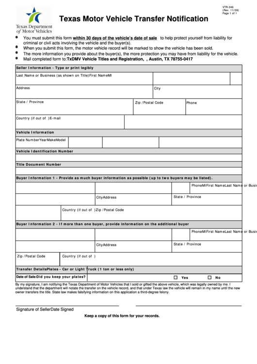 Form Vtr 346 Texas Motor Vehicle Transfer Notification Printable Pdf 