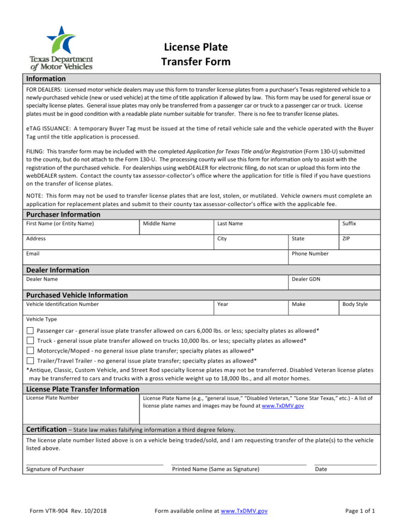 Form VTR 904 Download Fillable PDF Or Fill Online License Plate 