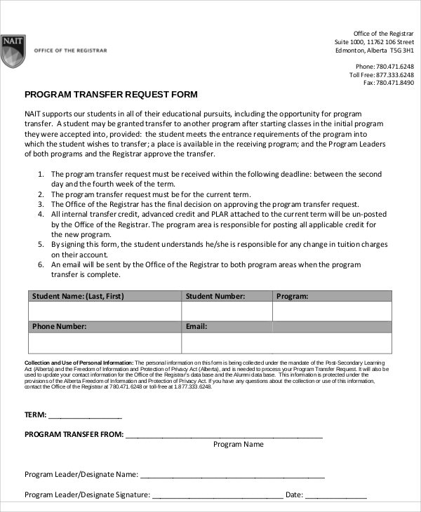 FREE 12 Sample Transfer Request Forms In MS Word PDF