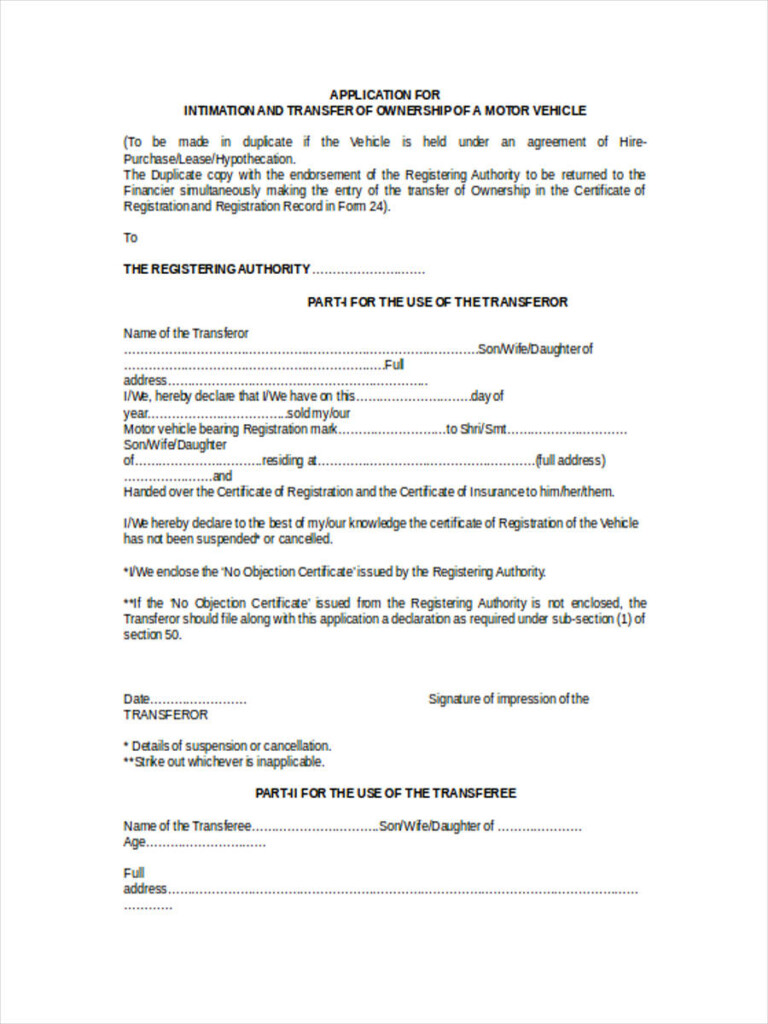 FREE 5 Motor Vehicle Transfer Forms In MS Word PDF