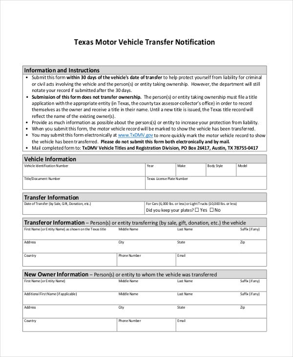 FREE 8 Sample Title Transfer Forms In PDF