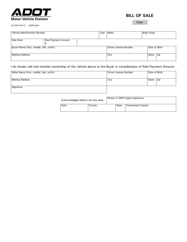 Free Arizona Car Bill Of Sale Template Fillable Forms