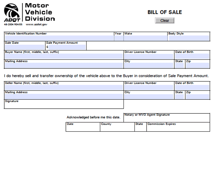 Free Arizona Motor Vehicle Bill Of Sale Form PDF 45KB 1 Page s