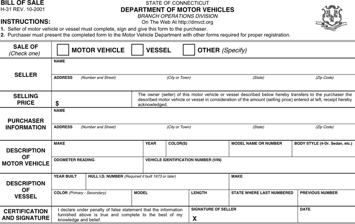 Free Connecticut Motor Vehicle Bill Of Sale Form PDF 198KB 1 Page s 