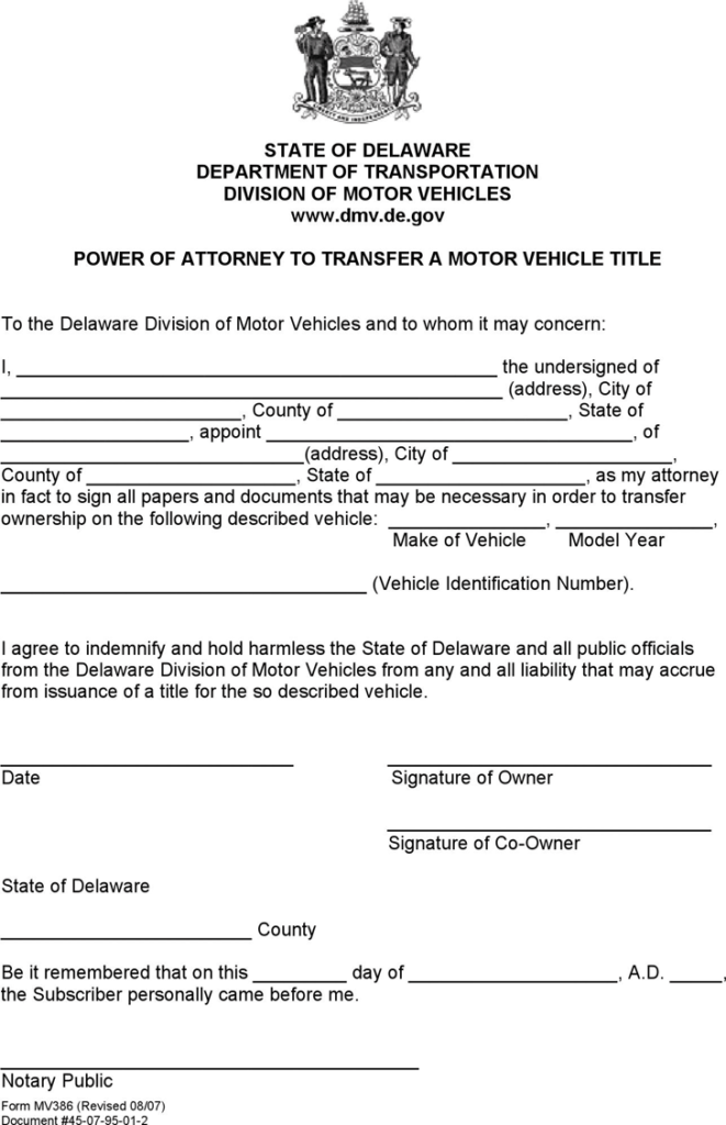 Free Delaware Power Of Attorney To Transfer A Motor Vehicle Title Form 