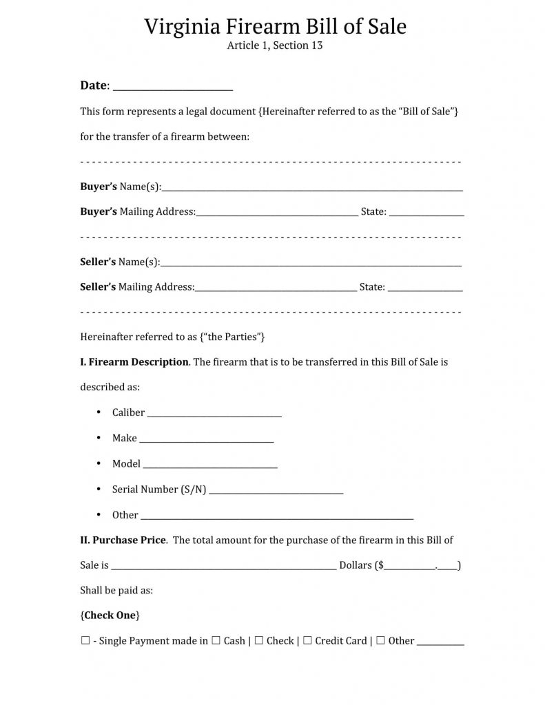 Free Fillable Virginia Firearm Bill Of Sale Form PDF Templates