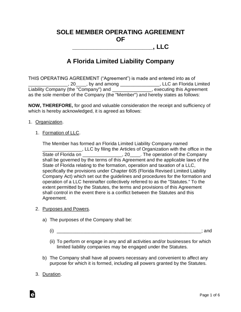 Free Florida Single Member LLC Operating Agreement Form PDF Word 