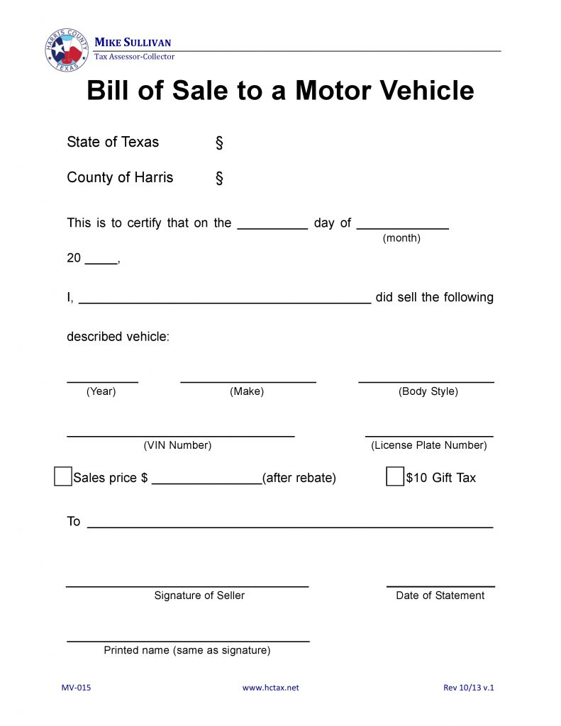 Free Harris County Texas Motor Vehicle Bill Of Sale MV 015 PDF DOCX