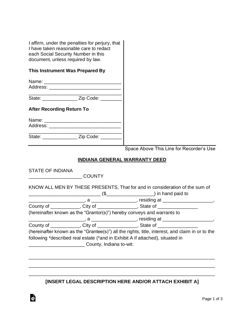 Free Indiana General Warranty Deed Form Word PDF EForms