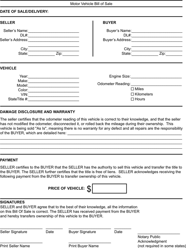 Free Kentucky Motor Vehicle Bill Of Sale Form PDF 162KB 1 Page s 