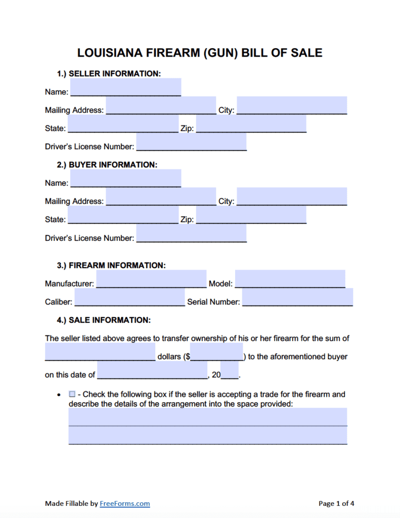 Free Louisiana Firearm Gun Bill Of Sale Form PDF WORD