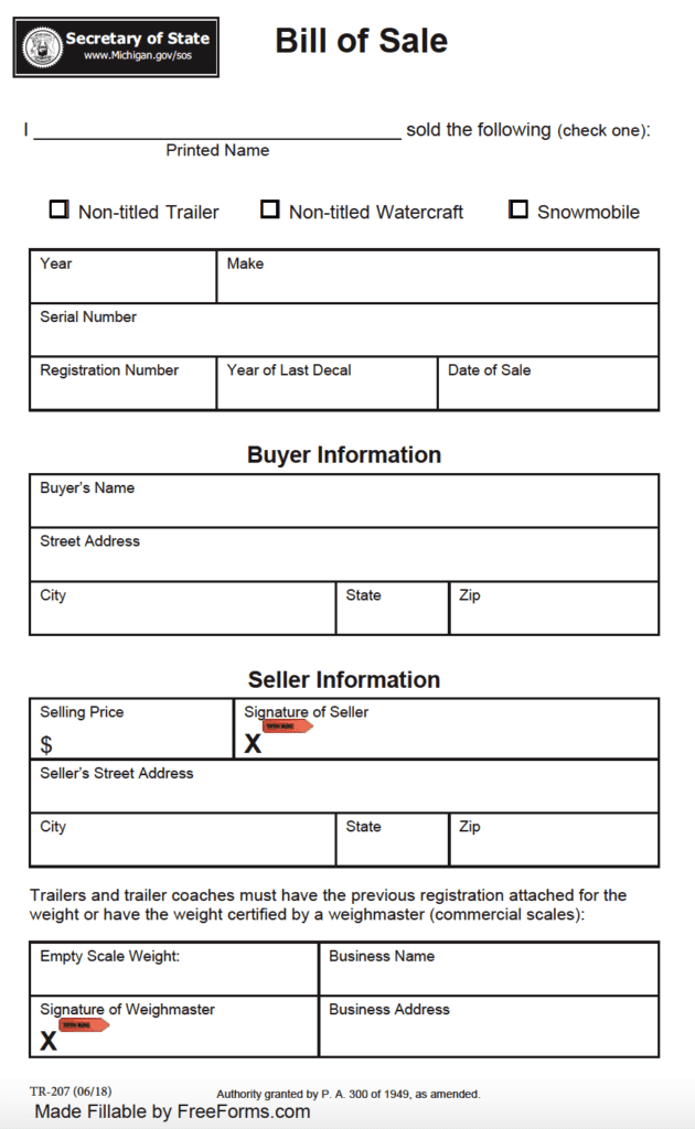 Free Michigan Boat Vessel Bill Of Sale Form PDF