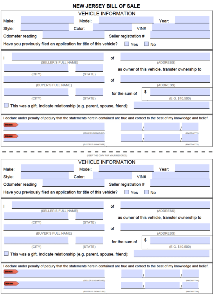 Free New Jersey Motor Vehicle DMV Bill Of Sale Form PDF